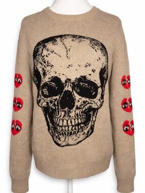 Skull Graphic Sweater Red Heart Eye Sleeve Grunge Alt Streetwear Cozy Knit